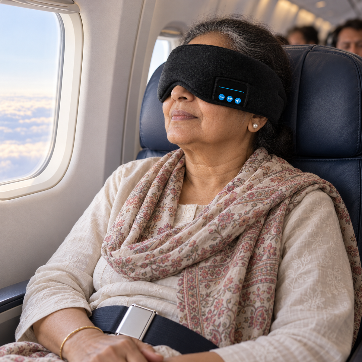 Older woman resting on an airplane wearing the LIGHTS OUT Bluetooth sleep mask
