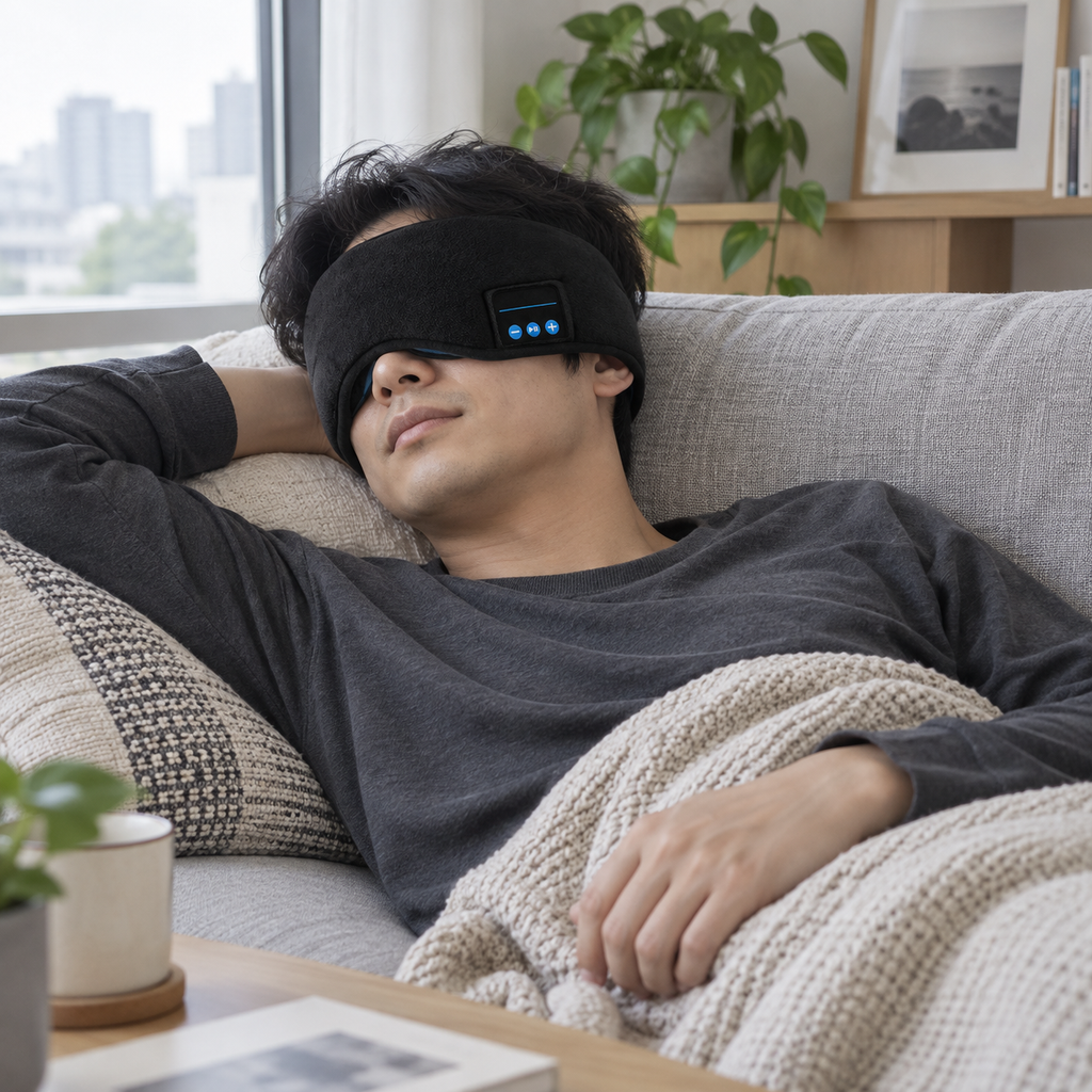 Man taking a daytime couch nap wearing the LIGHTS OUT Bluetooth sleep mask