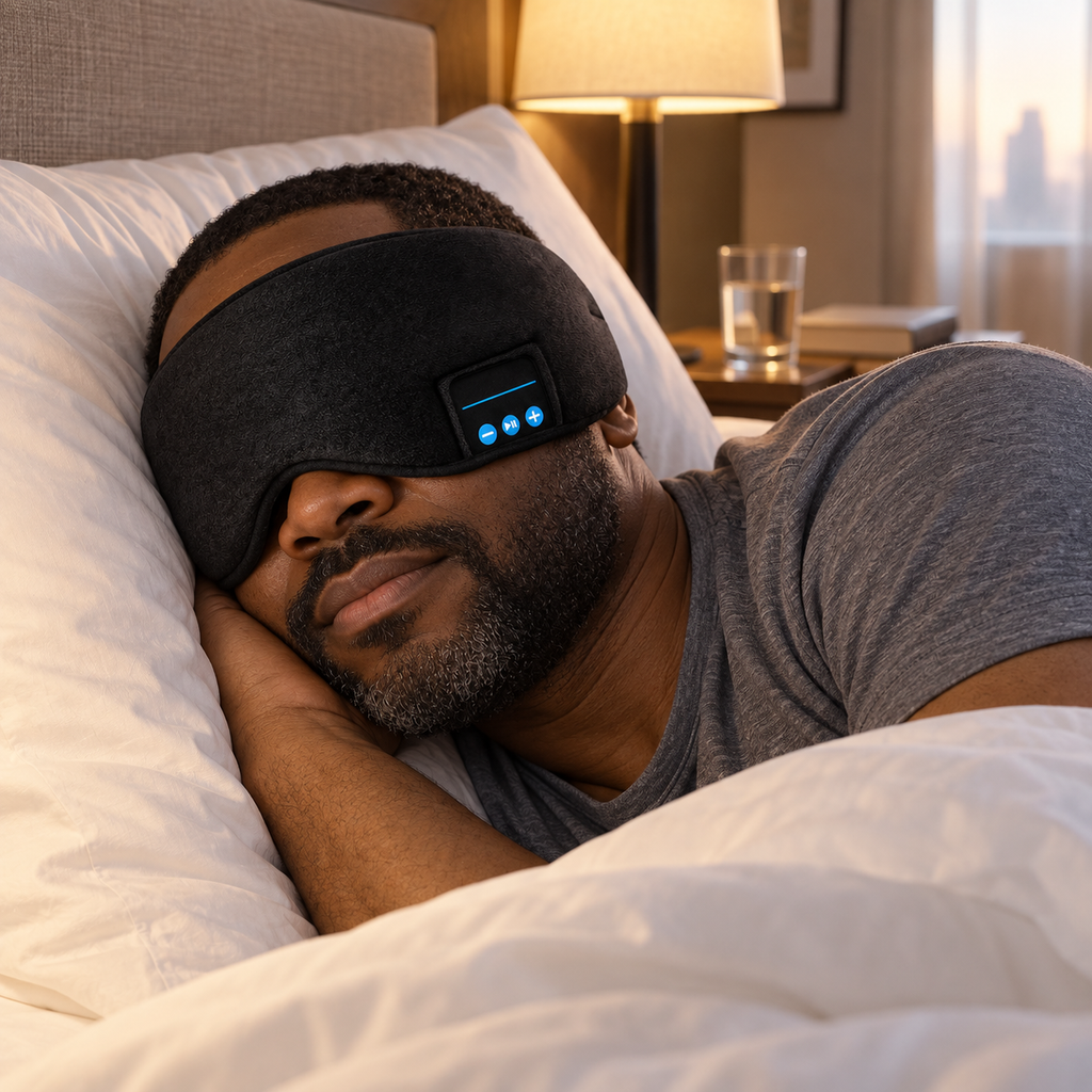 Man sleeping in a hotel room wearing the LIGHTS OUT Bluetooth sleep mask