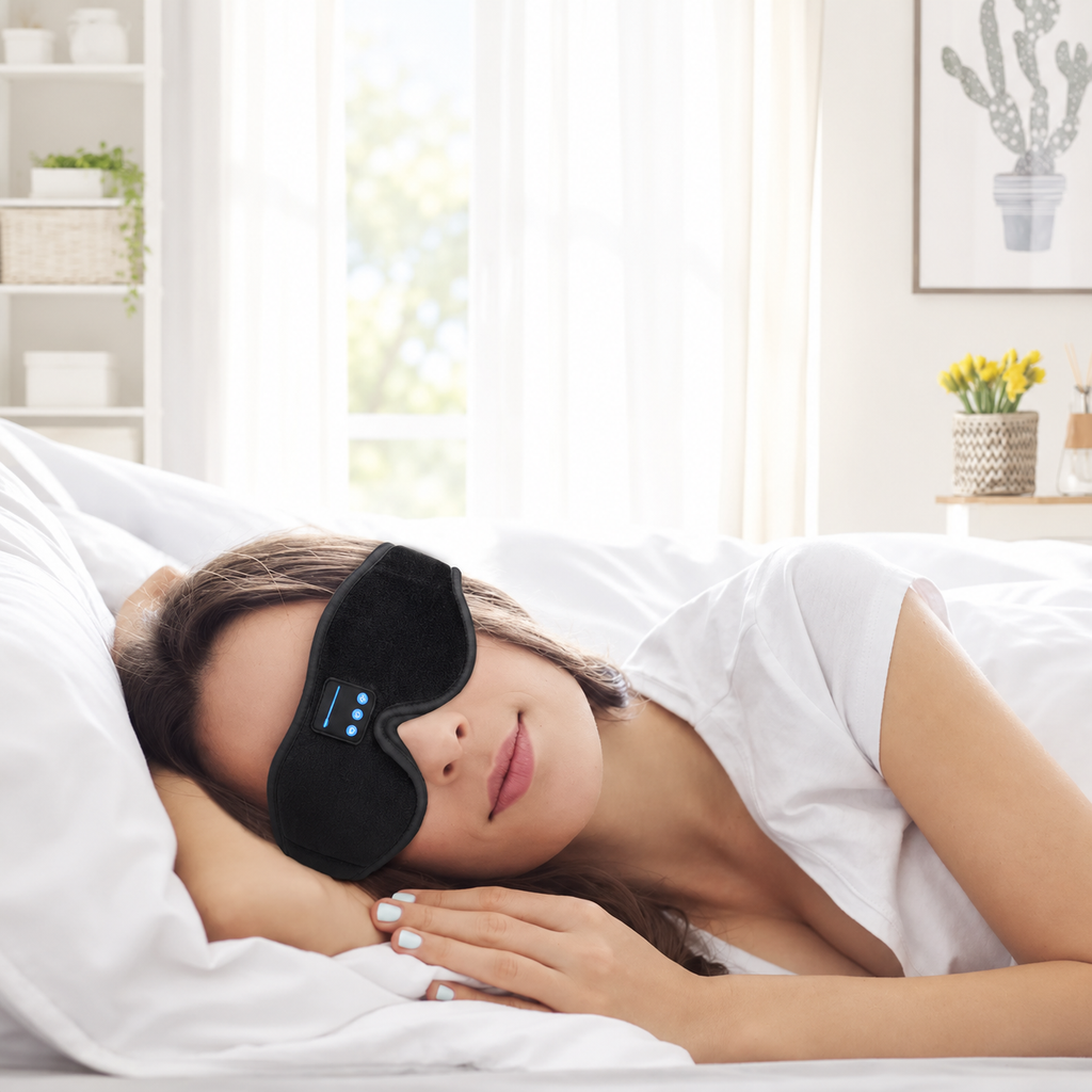 Person resting in bed wearing the LIGHTS OUT Bluetooth sleep mask