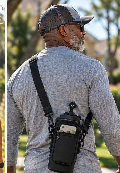 SIP & STASH black bottle carrier worn by a man on a neighborhood walk