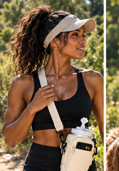 SIP & STASH beige bottle carrier worn on an outdoor walk