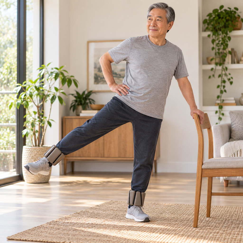 Older man performing gentle mobility exercise with WEIGHT ON IT ankle weights