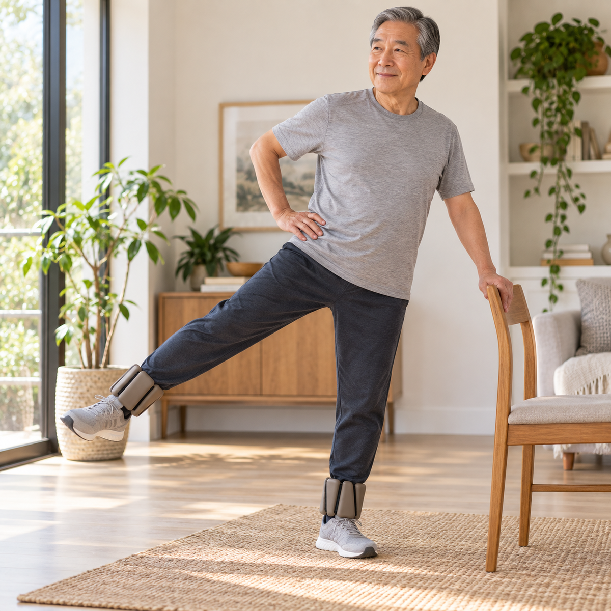 Older man performing gentle mobility exercise with WEIGHT ON IT ankle weights